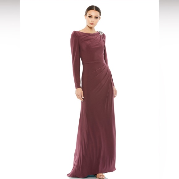 New Mac Duggal 55695 Boat Long Sleeve Jersey Trumpet Gown – Mauve - Size 6 - Picture 1 of 8